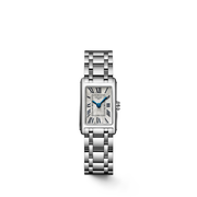 Quadrante grigio con numeri romani dipinti e lancette in acciaio azzurrato dell'orologio Longines Dolcevita al quarzo